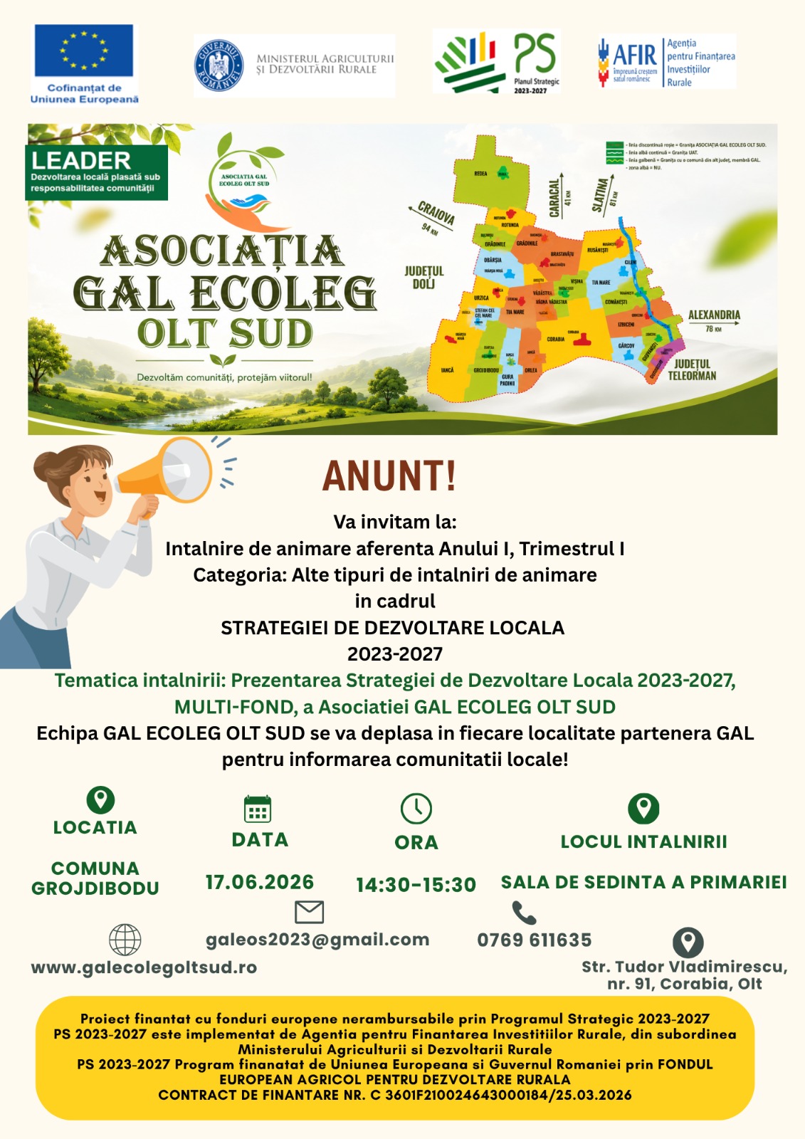 Anunt intalnire de animare 17.06.2026, Trimestrul I, An I, Comuna Grojdibodu